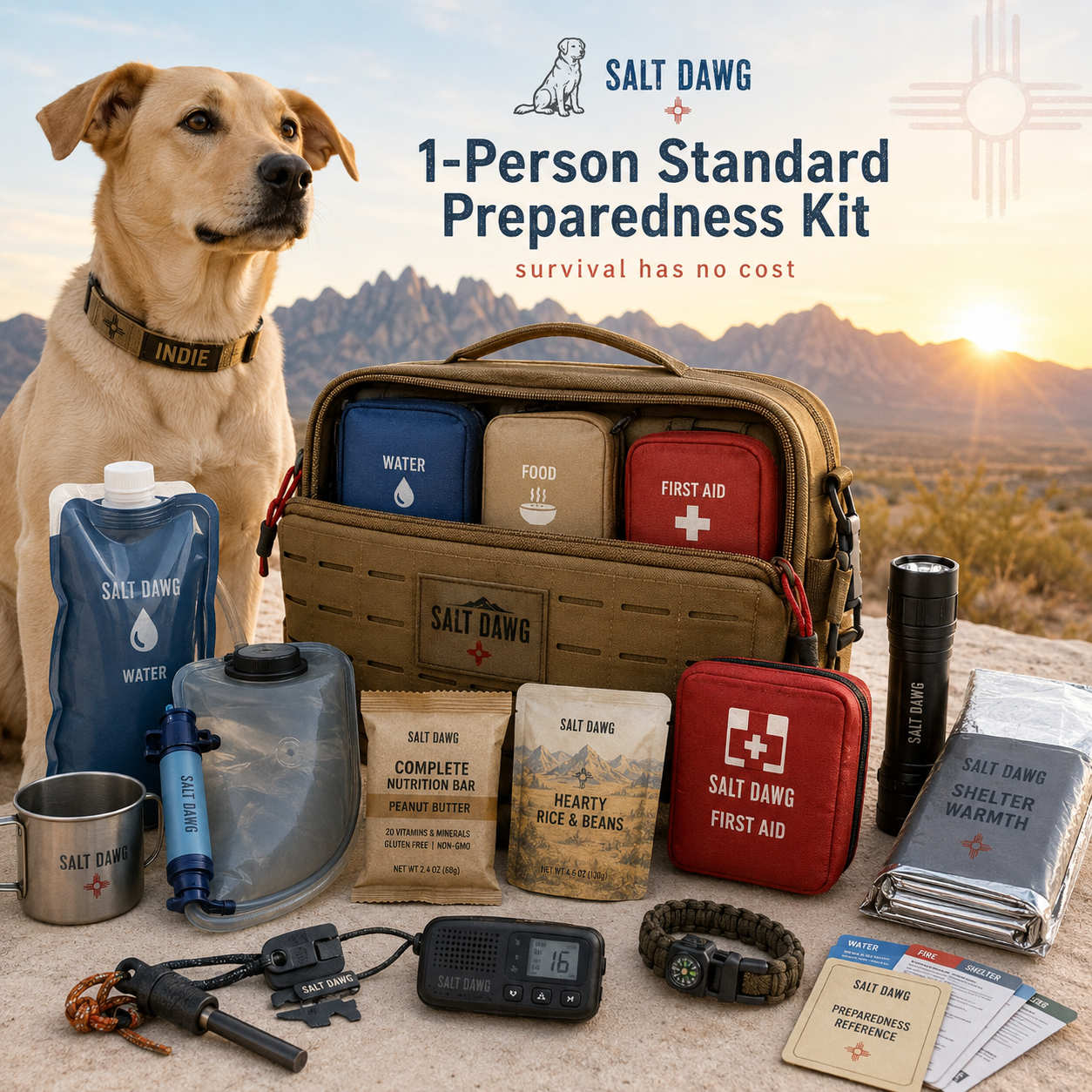 Concept image of the Salt Dawg 1-Person Standard Preparedness Kit.