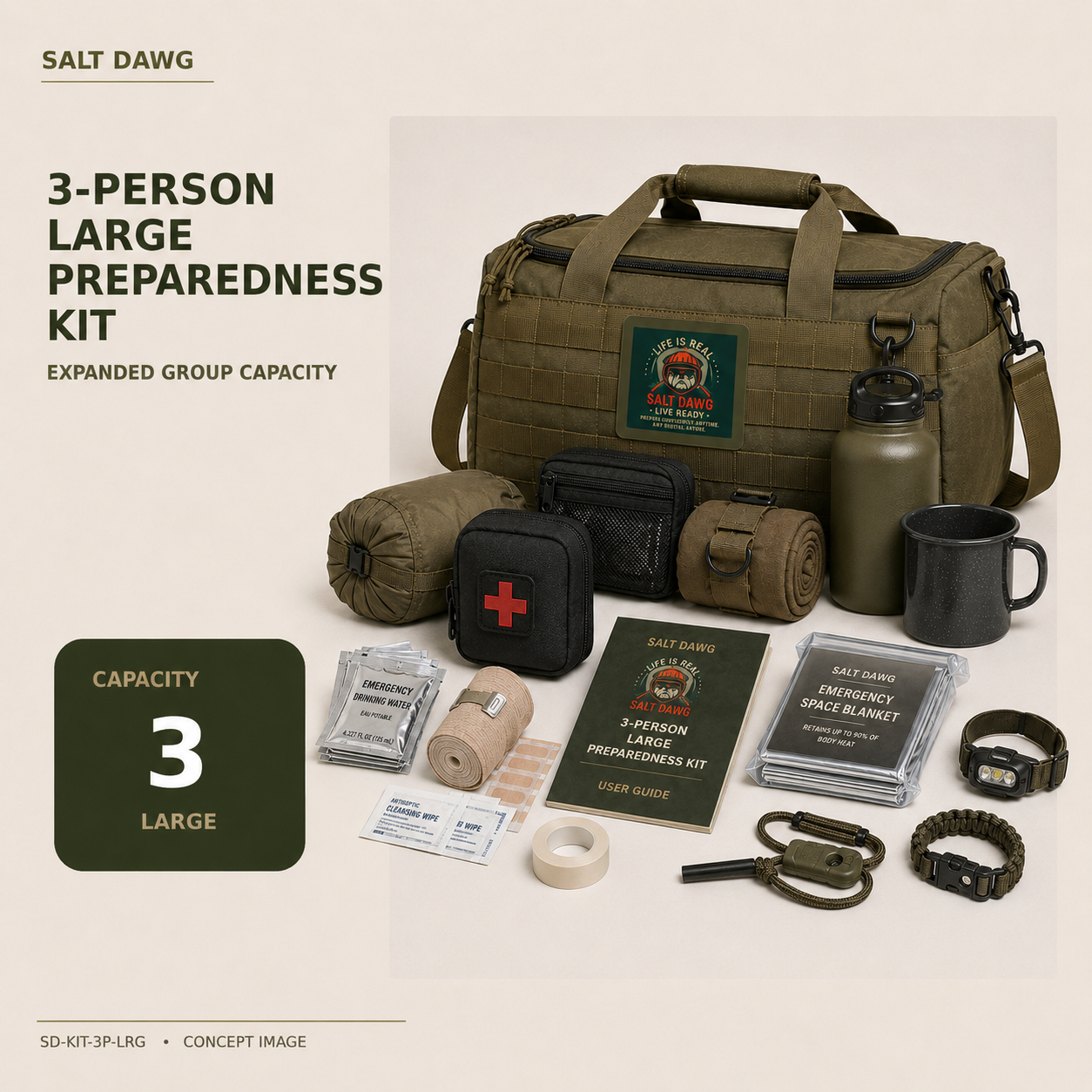 Concept image of the Salt Dawg 3-Person Large Preparedness Kit.
