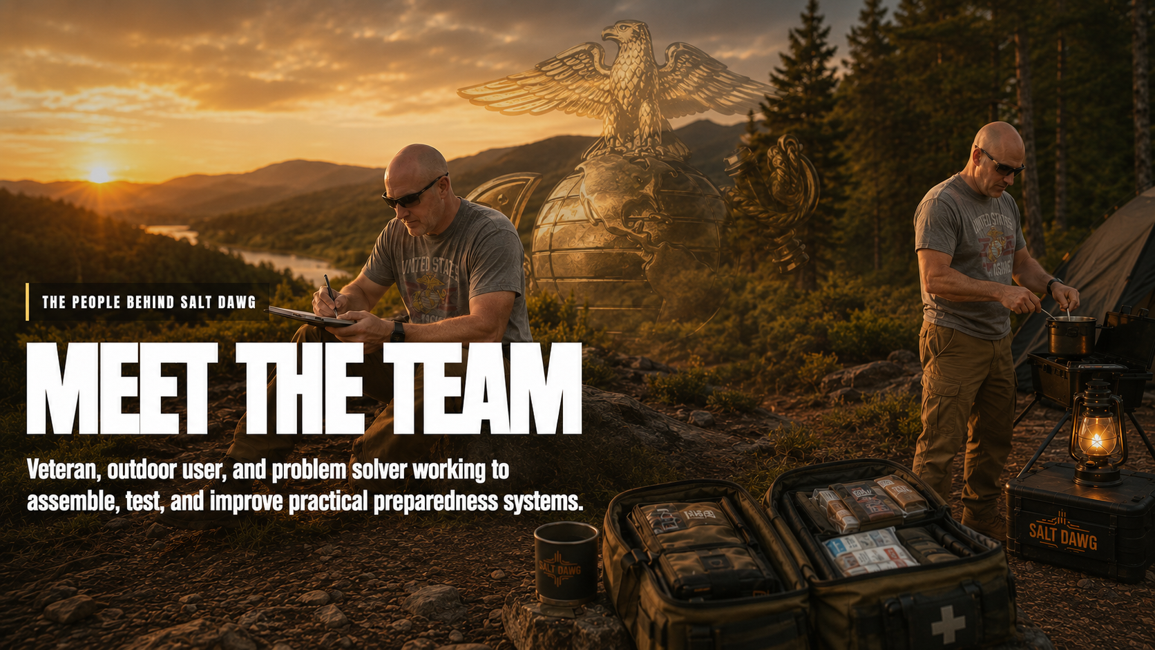 Meet the Team: Salt Dawg founder working outdoors on preparedness systems with a Marine Corps Eagle, Globe, and Anchor blended into the scenery.