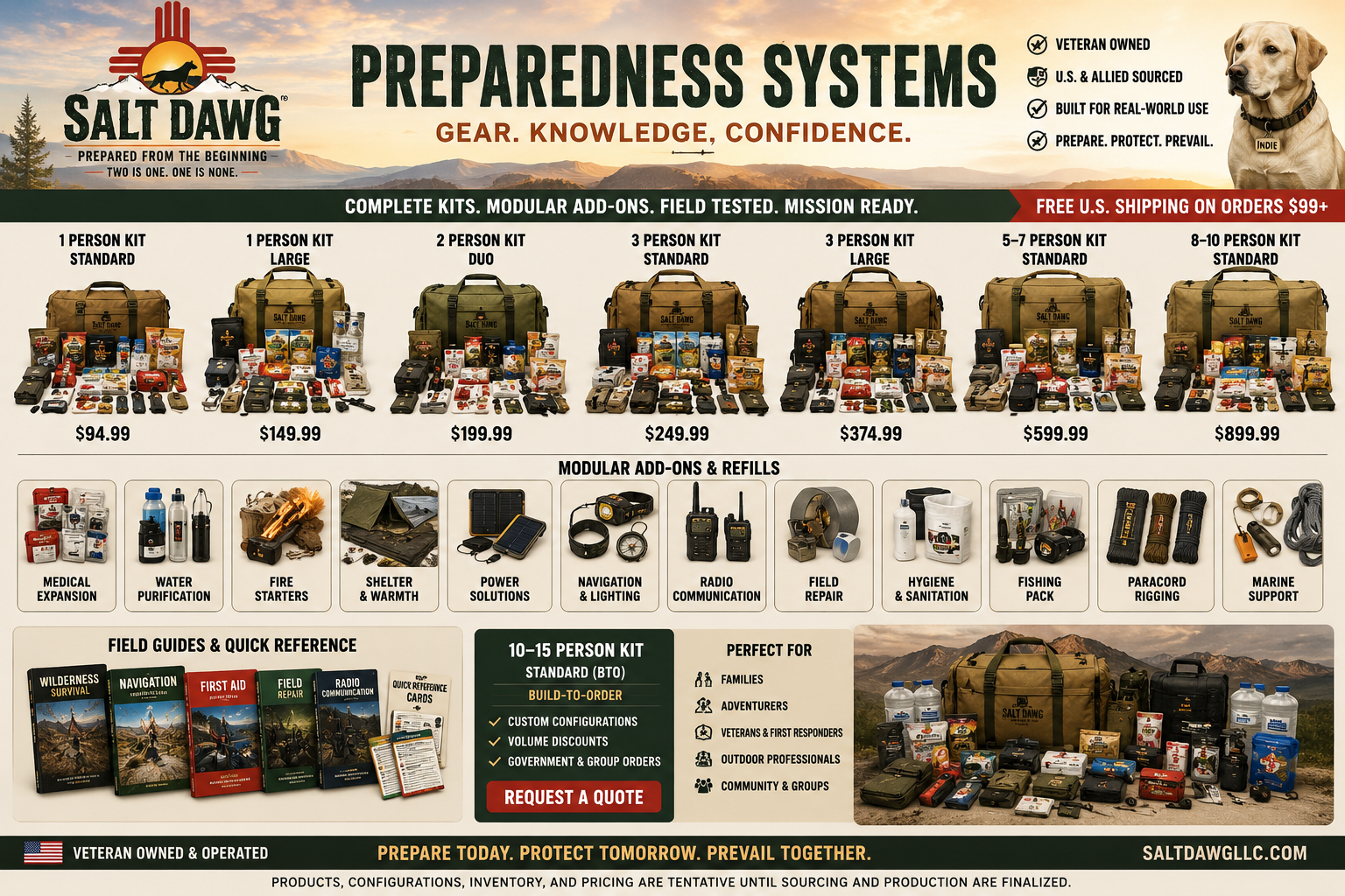 Salt Dawg complete product catalog showing preparedness kits, modular add-ons, refills, field guides, and quick-reference products